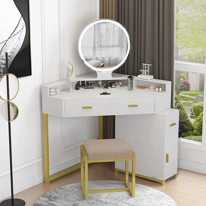 Corner Vanity Set with Lighted Mirror, Makeup Vanity Dressing Table with Drawers, Cabinet and Cushioned Stool, Girls Vanity Desk for Bathroom, Bedroom, White by TZUTOGETHER