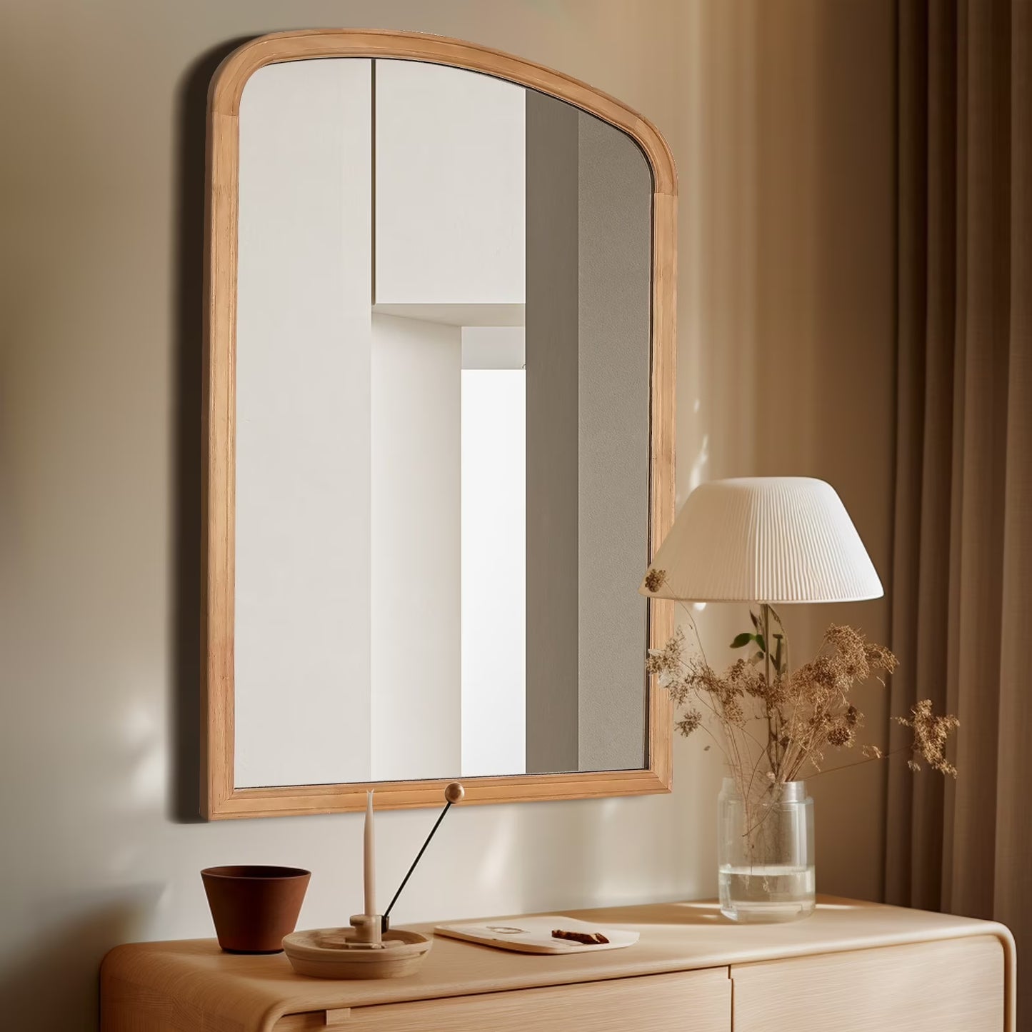 WallBeyond Wood Frame Rustic Arched Wall Mirror for Bathroom or Living Room Wall Decor, 24" �� 36", Natural Wood