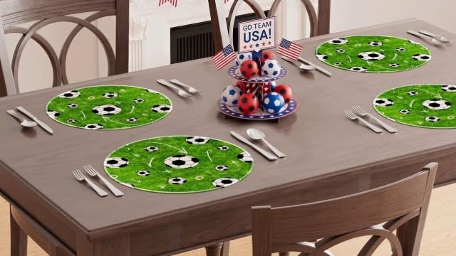 XCHI Green Soccer Grass World Cup Round Placemats Set of 4 Table Mats for Game Day Soccer Party Home Kitchen Dining Table Decorations 14x14 Inch