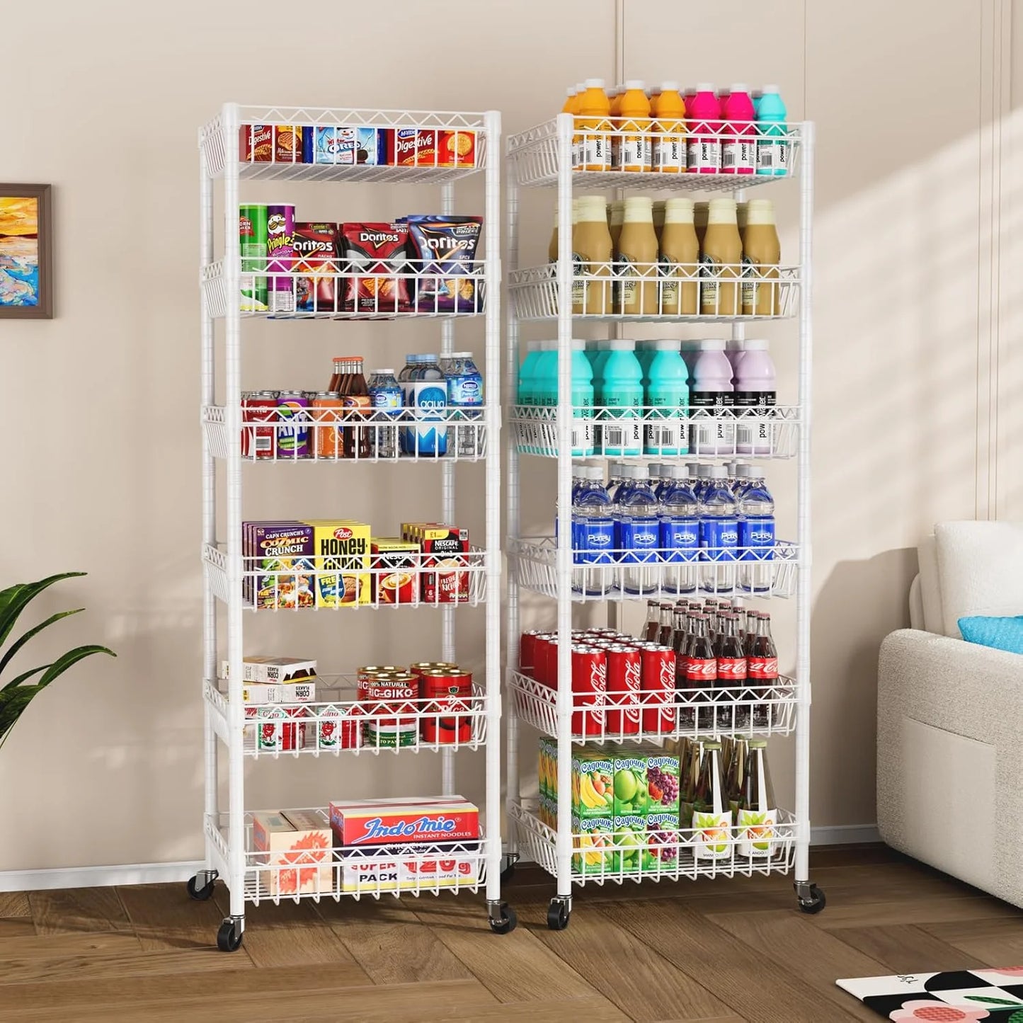 6 Tier Wire Shelving Unit with Wheels Baskets Storage Rack Corner Shelves Adjustable Shelf Closet Bathroom Organizers Metal Pantry Kitchen Garage Laundry Room 13.5" D x 13.5" W x 63" H White