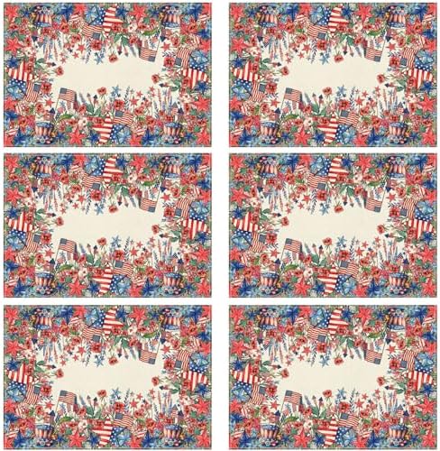 XCHI Watercolor Flowers America Stars Fireworks Memorial Day Placemats Set of 6 Table Mats 4th of July Patriotic Independence Day for Party Home Kitchen Dining Table Decorations 12x18 Inch
