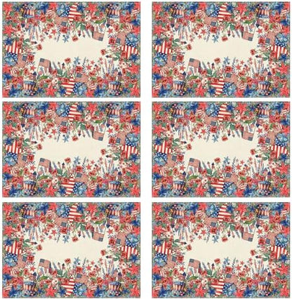 XCHI Watercolor Flowers America Stars Fireworks Memorial Day Placemats Set of 6 Table Mats 4th of July Patriotic Independence Day for Party Home Kitchen Dining Table Decorations 12x18 Inch