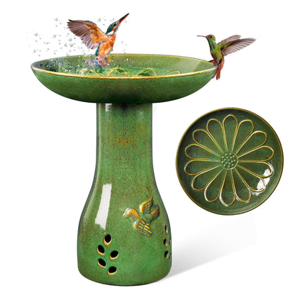 BUYMAX Tall Ceramic Bird Bath for Garden, UV-Resistant, Diamond Blue Grey
