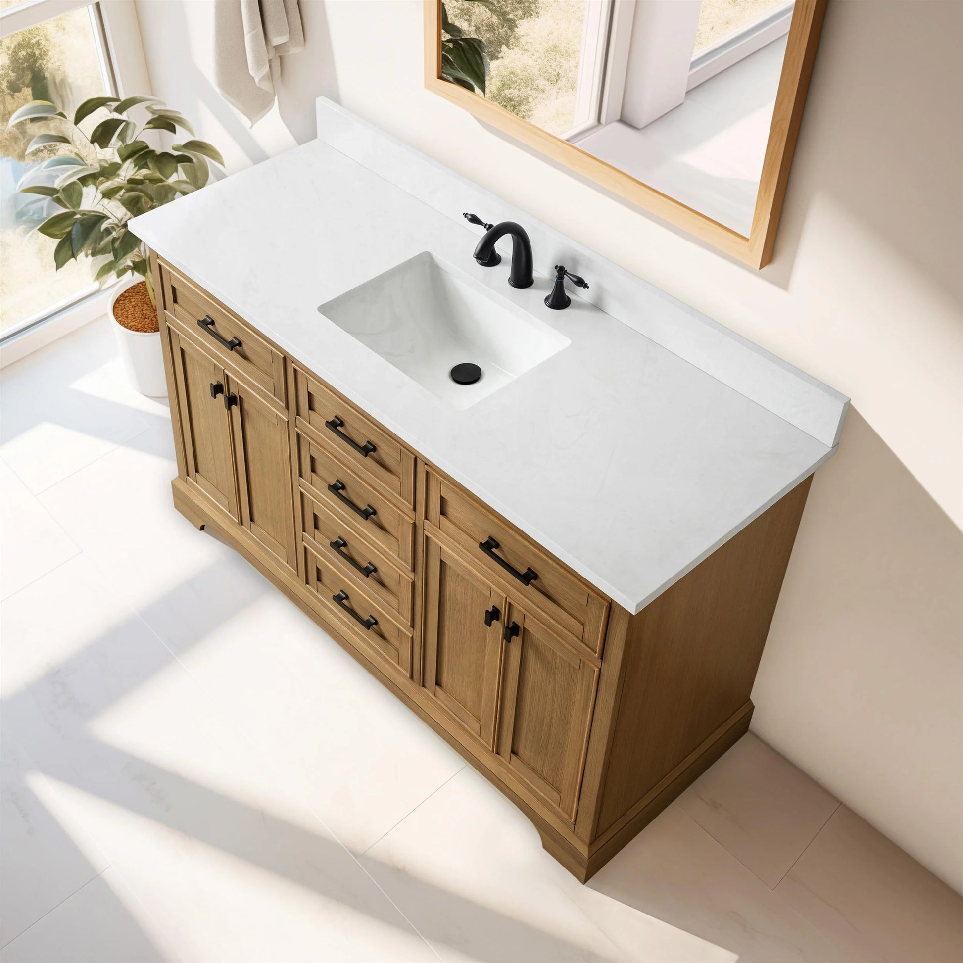 Design Element Milano 60" Single Sink Oak Bath Vanity with White Quartz Top