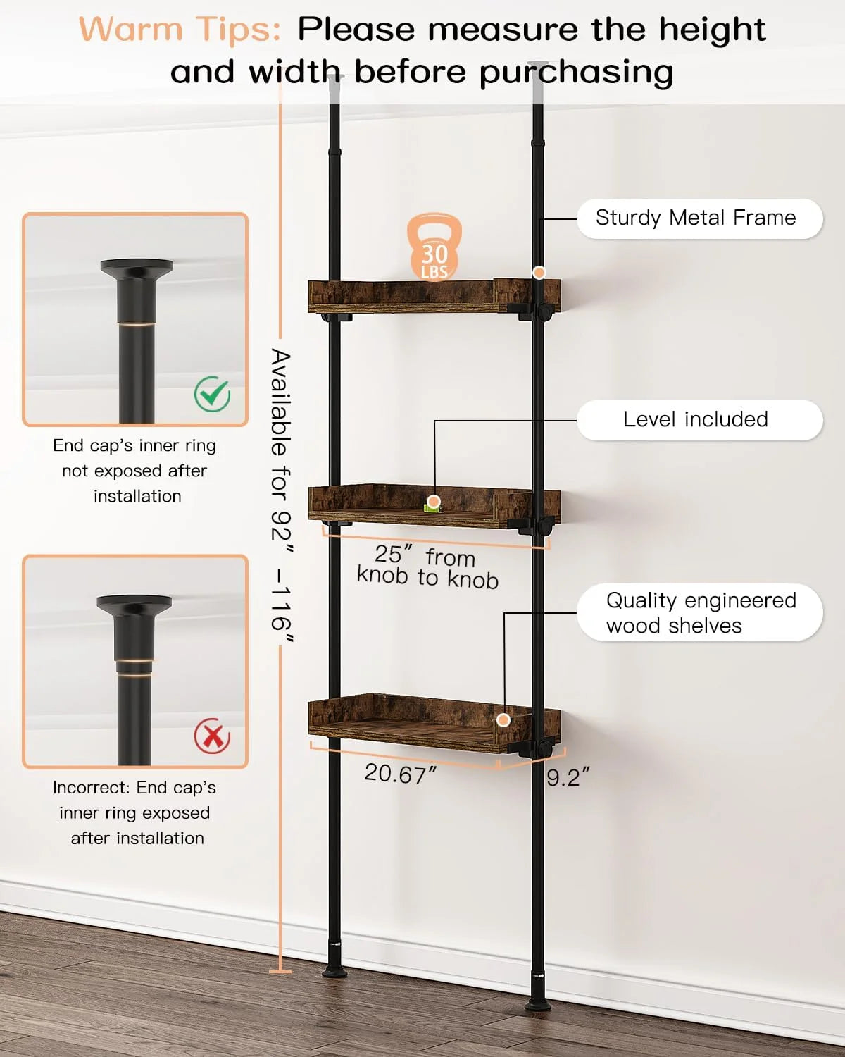 Adjustable Over The Toilet Storage Cabinet, Tension Mount Bathroom Organizers and Storage Over Toilet with 3 Tier Shelves, Over Toilet Bathroom Organizer Fit 92-116 Inch Tall, Rustic Brown
