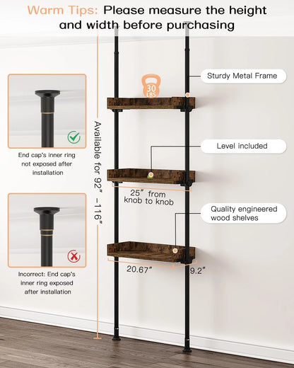Adjustable Over The Toilet Storage Cabinet, Tension Mount Bathroom Organizers and Storage Over Toilet with 3 Tier Shelves, Over Toilet Bathroom Organizer Fit 92-116 Inch Tall, Rustic Brown