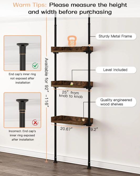 Adjustable Over The Toilet Storage Cabinet, Tension Mount Bathroom Organizers and Storage Over Toilet with 3 Tier Shelves, Over Toilet Bathroom Organizer Fit 92-116 Inch Tall, Rustic Brown