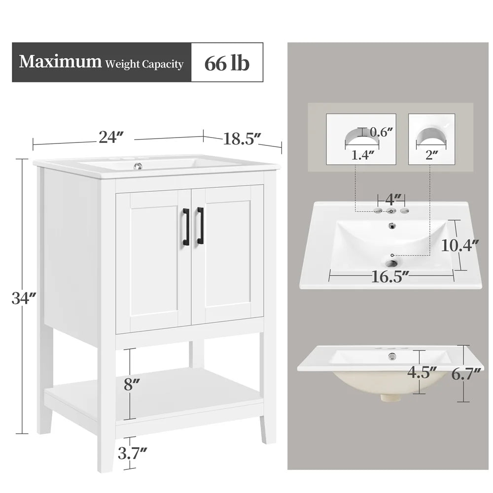 Alden Design 34" Wooden Bathroom Cabinet Vanity with Ceramic Vessel Sink, White
