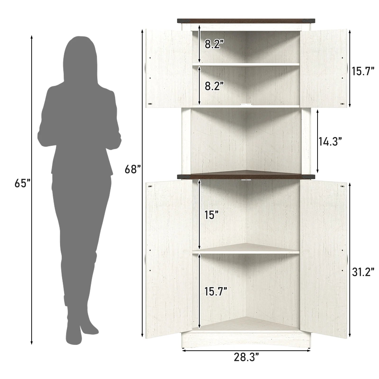 Blotout 68" Tall Farmhouse Corner Cabinet with 4 Doors, 28.3" W Barn Door Storage Cabinet with Adjustable Shelves, 5 Tier Corner Storage Cabinet for Bathroom,Living Room,Kitchen