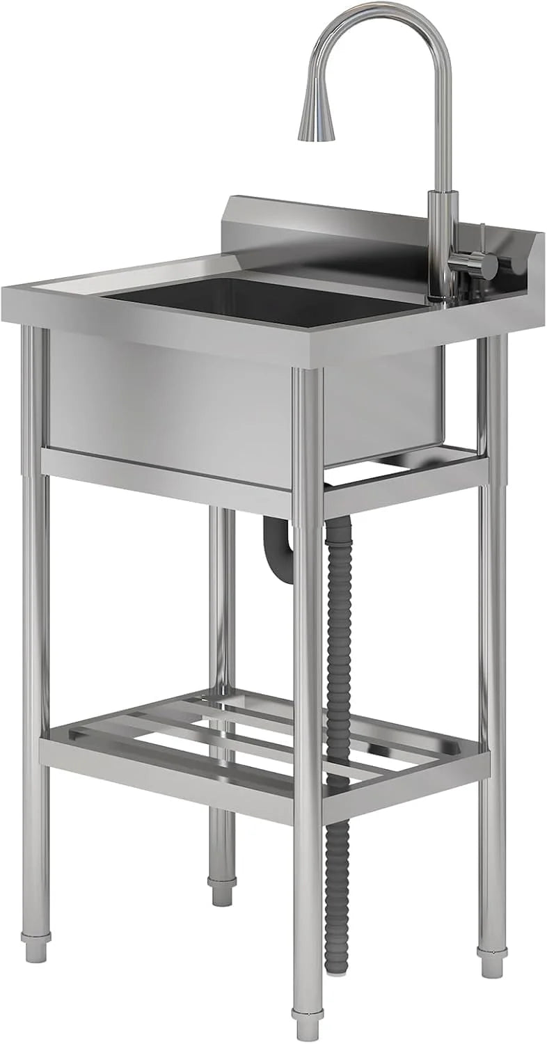 TROPOW 24x20x42 Inch Stainless Steel Utility Sink, Freestanding Single Bowl with Cold and Hot Water Pipe and Faucet, Commercial Sink Kitchen Sink for Restaurant Laundry Room Bathroom Garage Garden