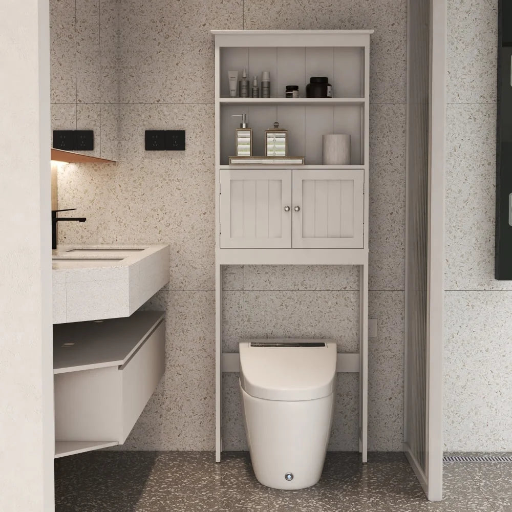 Tcbosik Over the Toilet Storage Cabinet with Doors, 70"H Freestanding Above the Toilet Storage Rack with Open Shelves for Bathroom, Space-Saving, White