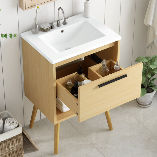 Harper & Bright Designs 24" Bathroom Vanity with Sink Set, Bathroom Vanity Cabinet with Ceramic Top and Drawer, Natural