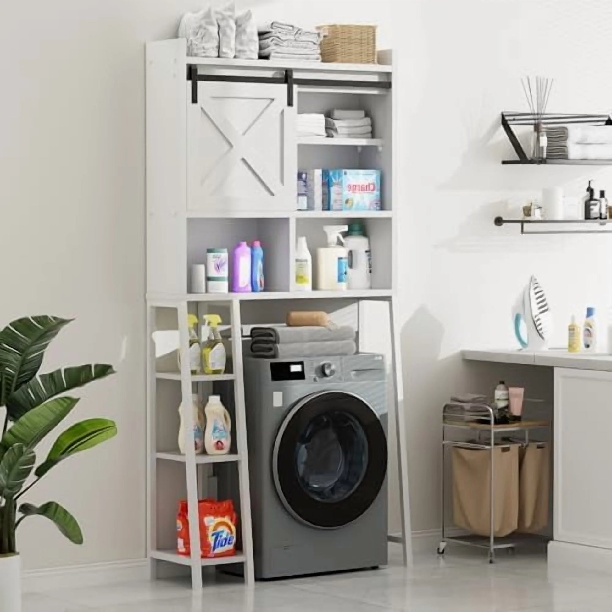 Over The Toilet Storage Cabinet, Farmhouse Storage Cabinet Over Toilet with Sliding Barn Doors, Freestanding Bathroom Organizer Shelf Space Saving, Grey