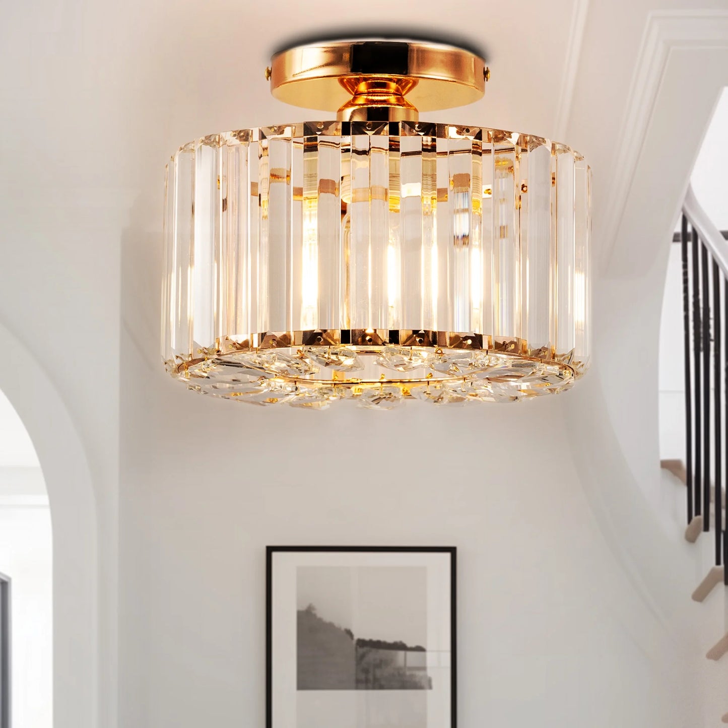 LOHASLED Industrial Semi Flush Mount Ceiling Light with Clear Hammered Glass,Black ,Modern Lighting for Hallway, Porch, Kitchen, Bathroom, Bedroom