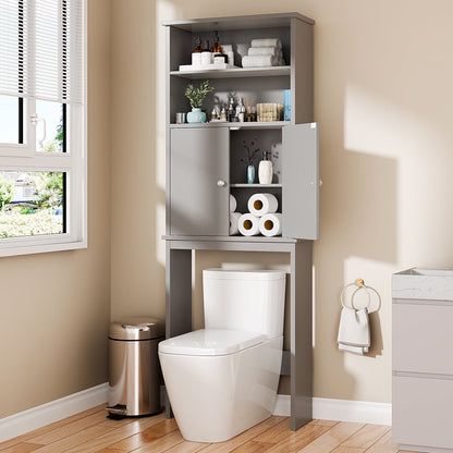 Walsunny Over the Toilet Storage Cabinets Wood Bathroom Organizer Shelf Rack Space Saver with 2 Doors 4 Shelves Anti-Tip Device White
