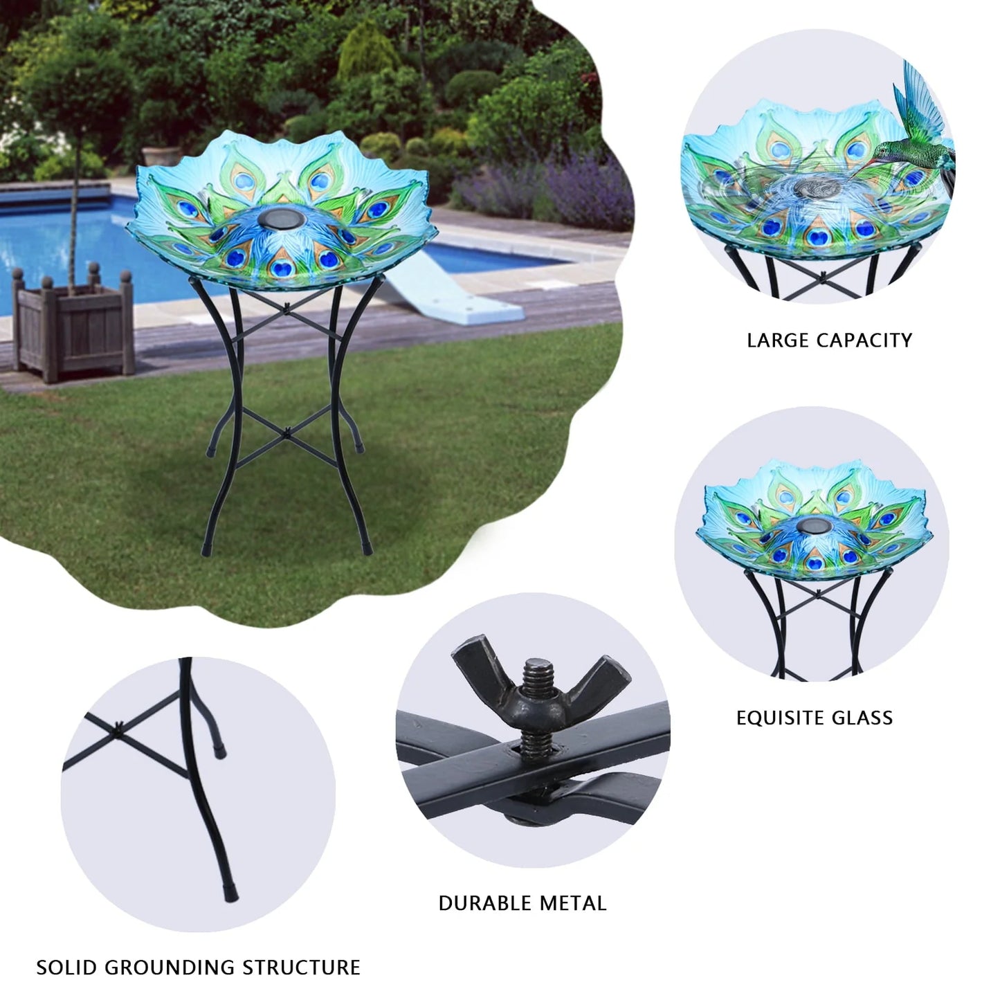 Outdoor Bird Bath with Metal Stand, 21.65" H Peacock Glass Birdbaths with Solar Light for Lawn Yard Garden Decor, 18" Dia