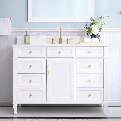 FORCLOVER 36" Bathroom Vanity with Sink Top Combo Set, Freestanding Solid Wood Bathroom Makeup Cabinet W/ 1 Soft-Close Door and 3 Soft-Close Drawers, Carrara White Quartz Countertop, Grey