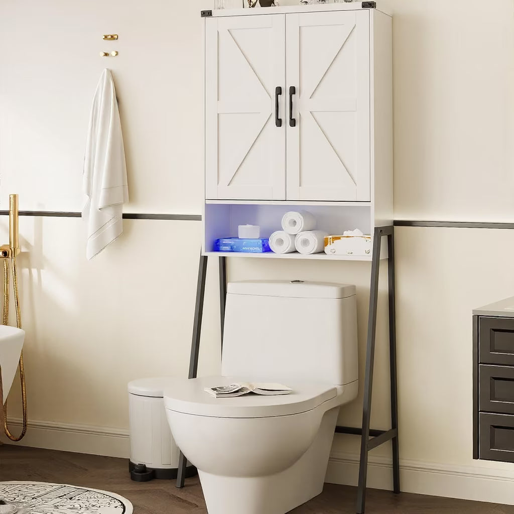 Vabches Over The Toilet Storage Cabinet, 68" H Farmhouse Freestanding Bathroom Storage Organizer with Double Doors & Storage Shelves