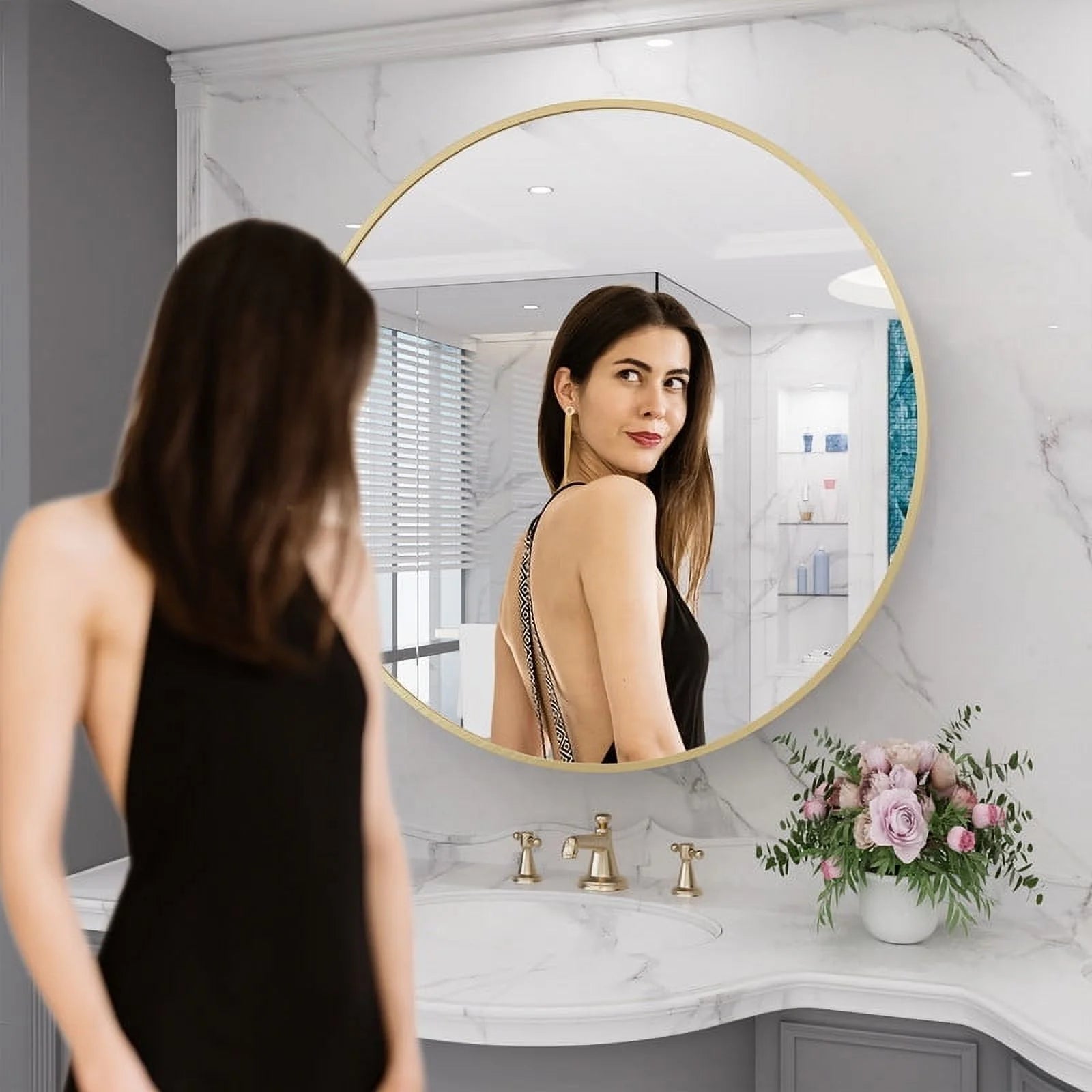 WallBeyond Bathroom Medicine Cabinet with Round Mirror Aluminum Framed 28", Gold