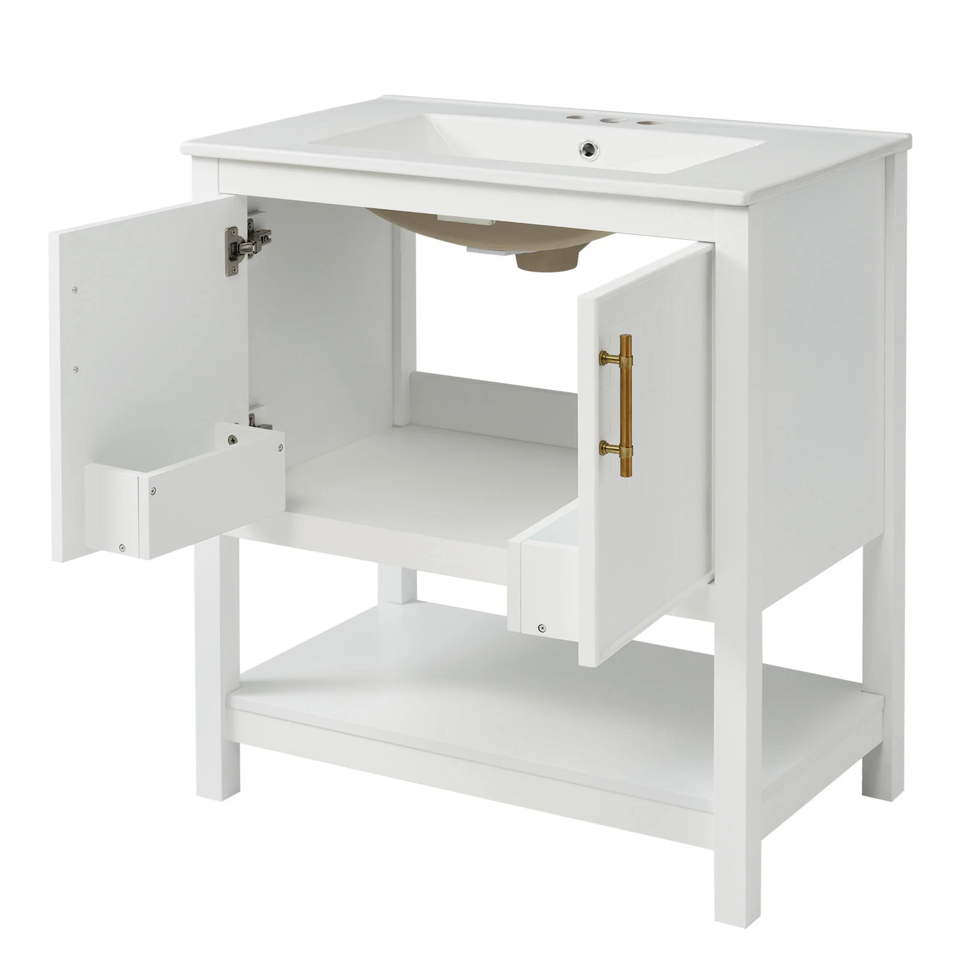 30" Freestanding Single Bathroom Vanity with Ceramic Top and Bottom Open Shelf, White