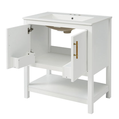 30" Freestanding Single Bathroom Vanity with Ceramic Top and Bottom Open Shelf, White