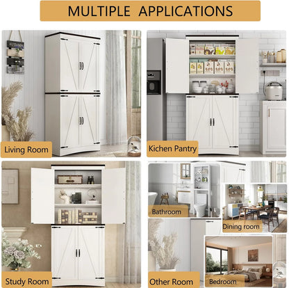 71" Tall Farmhouse Kitchen Pantry Cabinet, 5 Layers Storage Cabinet with Adjustable Shelves, Farmhouse Pantry Cabinet with 4 Barn Doors for Kitchen, Dining Room, Bathroom, Living Room, Rustic White
