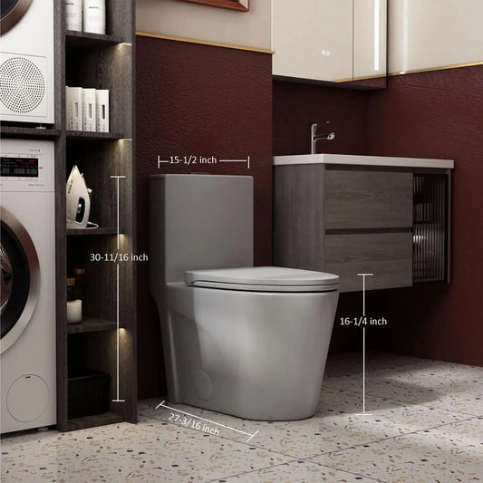 Albriya A1854 One Piece Toilet, Modern Elongated Toilet Power Dual Flush 1.1/1.6 GPF with Comfortable Chair Seat ADA Height 16 1/4’�?for Bathroom, 12’�?Rough-In, MaP 1000g, Grey