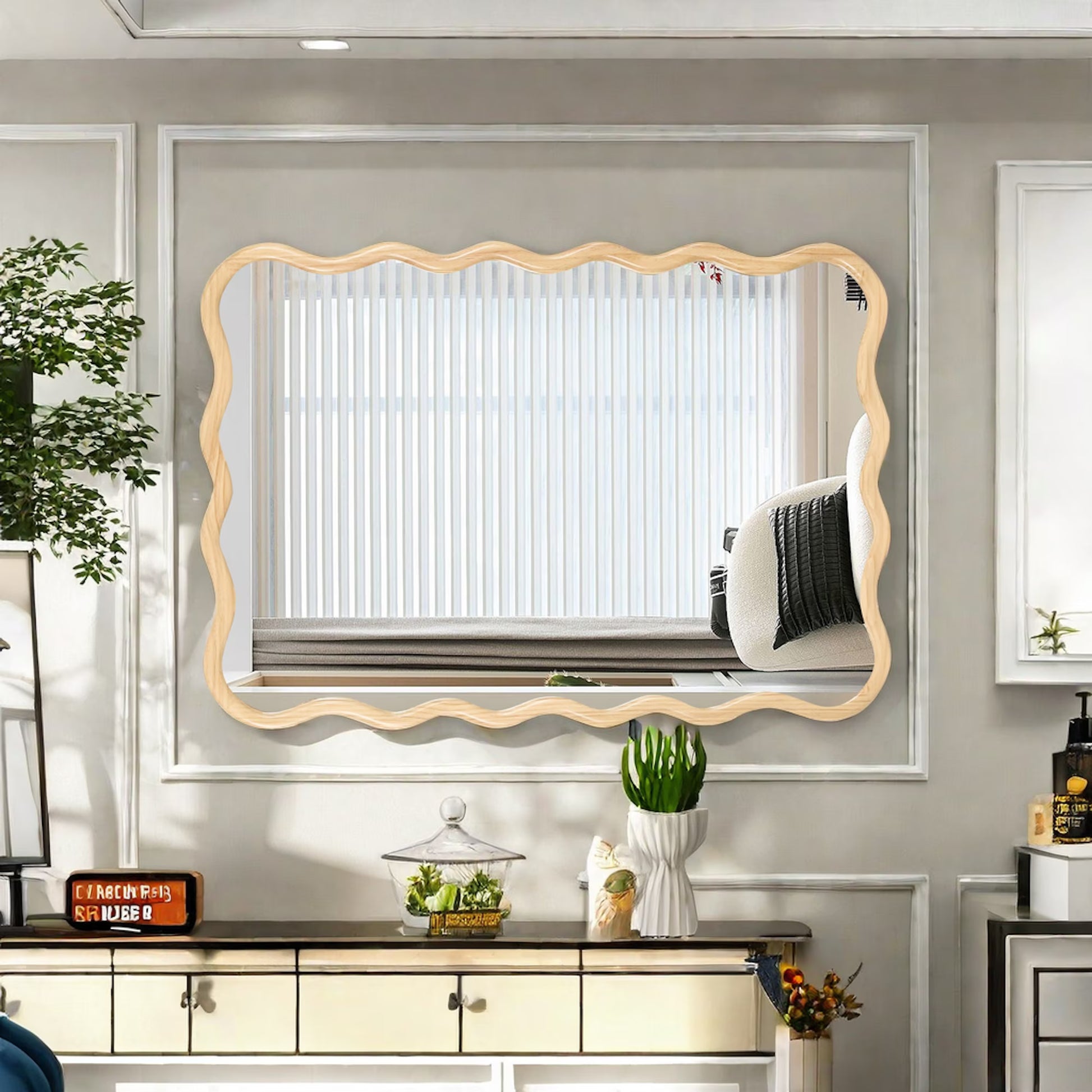Dasun Solid Wood Wavy Square Mirror-Black 36" x 36" Modern Mirror Wall Decor for Bathroom, Bedroom, Living Room, Dining Room, Cloakroom, Entryway
