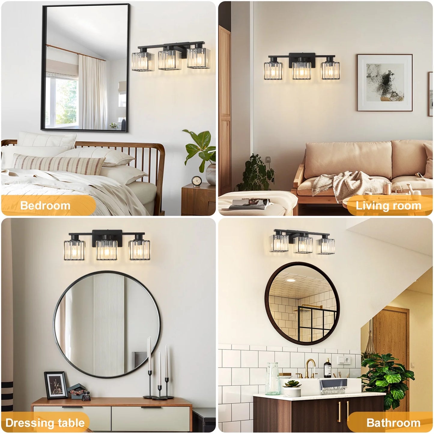 Deyidn Modern Bathroom Vanity Light 3-Lights Modern Black Gold Brushed Brass Finish Crystal Bathroom Wall Light Bathroom Vanity Light Fixtures