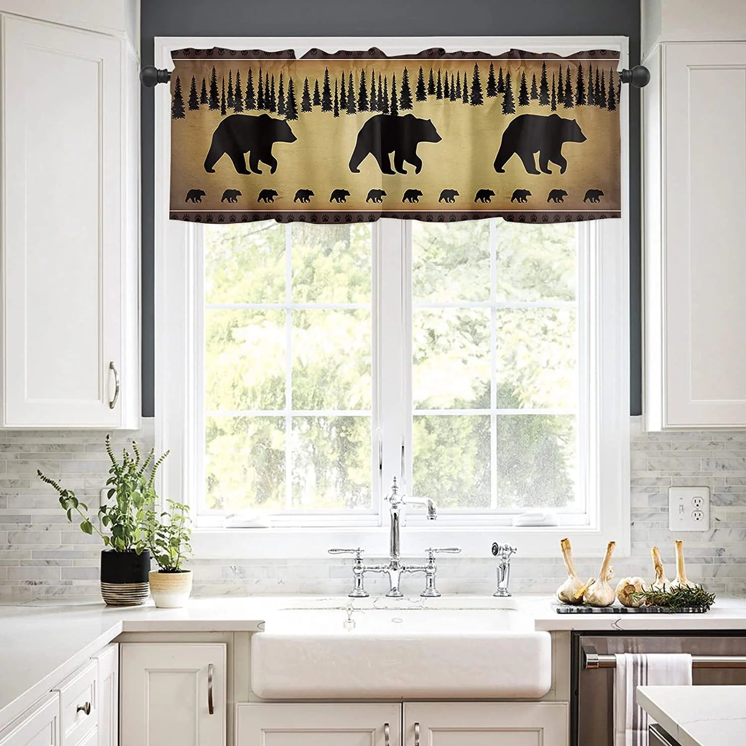 Black Bear Forest Silhouettes Window Valance Curtains, Window Treatment for Kitchen, Bathroom, Bedroom, Vintage Farm Backdrop Rod Pocket Short Curtain 1 Panel, 54x18 in