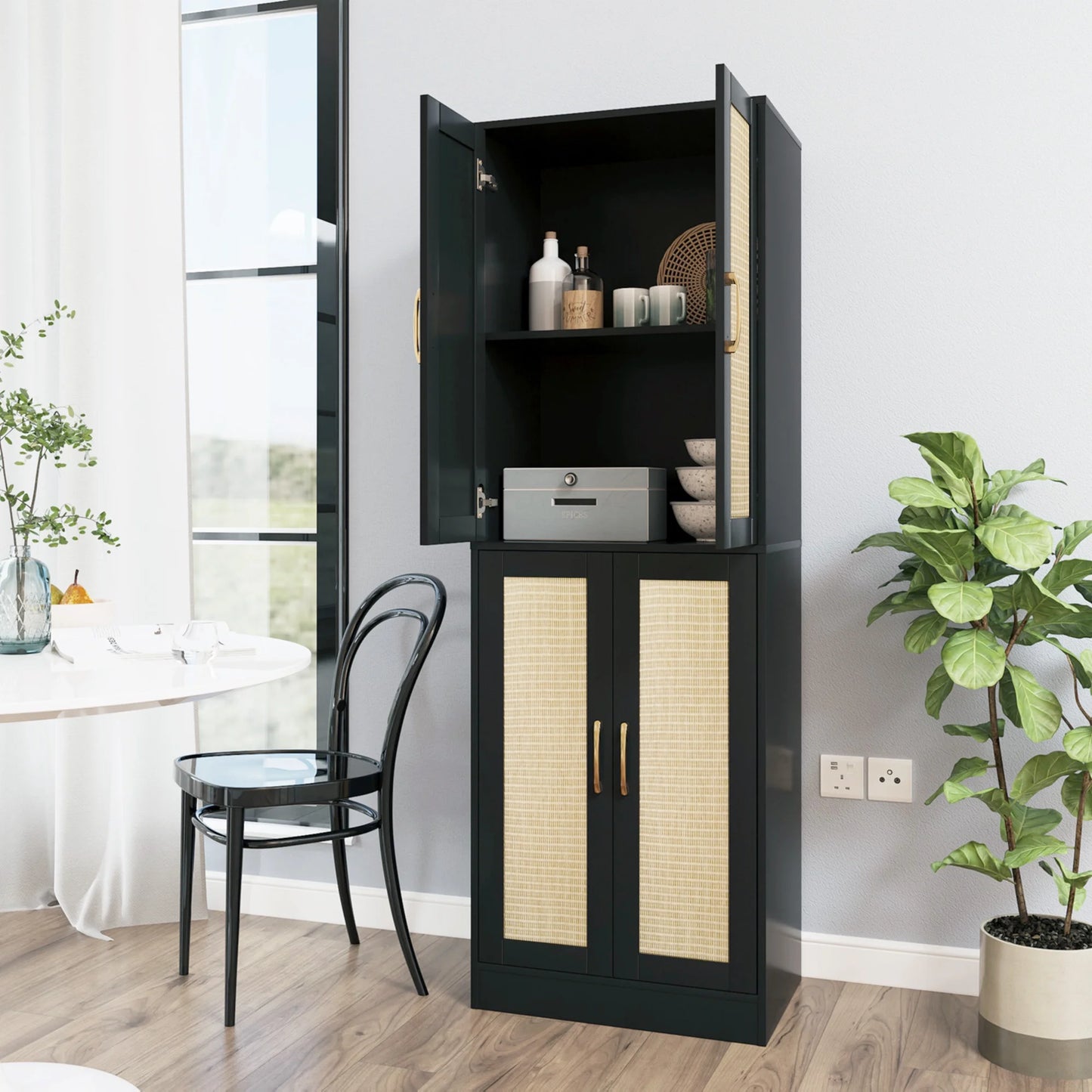 BOCVKENN Storage Cabinet - Kitchen Pantry Cabinet, Tall Pantry Storage Cabinet Freestanding with 4 Rattan Doors and Adjustable Shelves, Cupboard Cabinet for Dining Living Room, Laundry, Bathroom