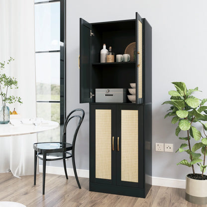 BOCVKENN Storage Cabinet - Kitchen Pantry Cabinet, Tall Pantry Storage Cabinet Freestanding with 4 Rattan Doors and Adjustable Shelves, Cupboard Cabinet for Dining Living Room, Laundry, Bathroom
