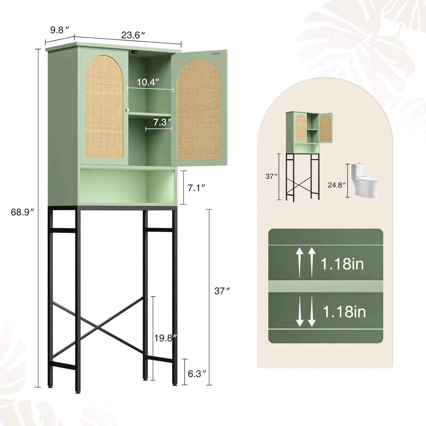 VEANERWOOD Rattan Over The Toilet Storage Cabinet, Bathroom Space-Saving Toilet Rack with Cupboard Metal Stand & Adjustable Shelf, Space Saver