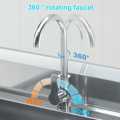 Stainless Steel Utility Sink with Cold and Hot Water Pipes, Free Standing Single Bowl Commercial Kitchen Sink with Workbench,Storage Shelf& Faucet ,For Kitchen,Bathroom,Farmhouse,Indoor,Outdoor