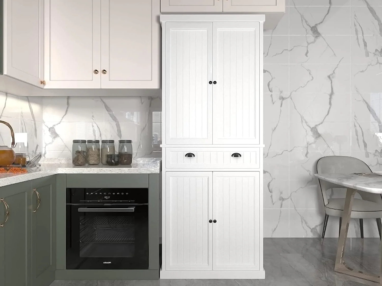 HLR 72 inches Kitchen Pantry Storage Cabinet, Pantry Cabinets with Drawer and Adjustable Shelves, Kitchen Pantry for Bathroom, Livingroom, Dining Room, White