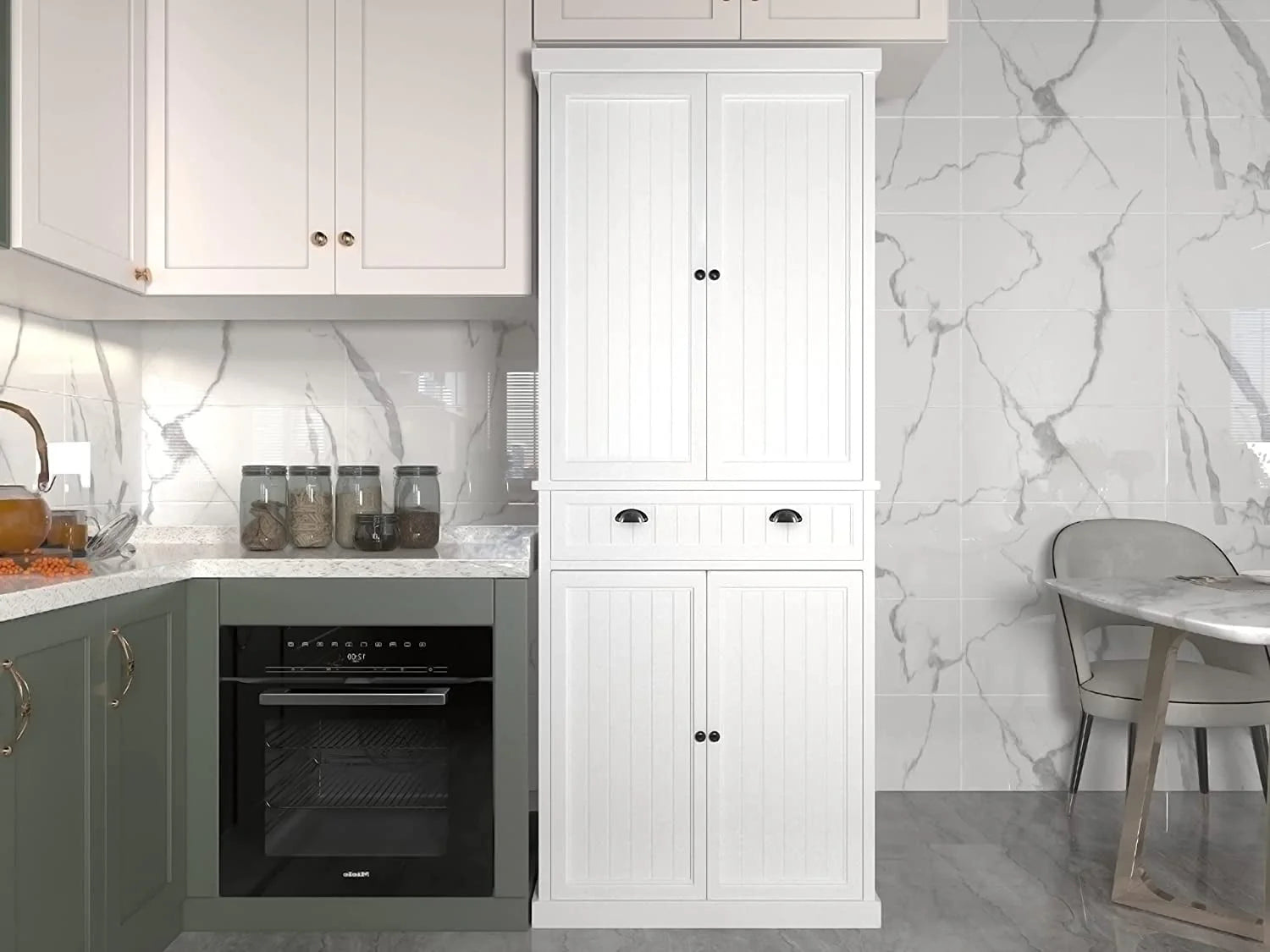 HLR 72 inches Kitchen Pantry Storage Cabinet, Pantry Cabinets with Drawer and Adjustable Shelves, Kitchen Pantry for Bathroom, Livingroom, Dining Room, White