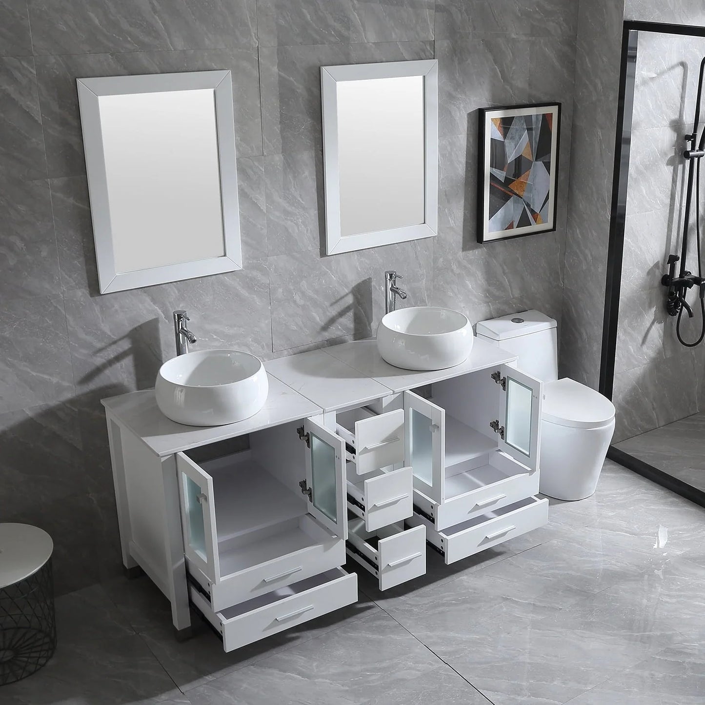 Wonline 60" Bathroom Vanity Wood Cabinet Double Ceramic Sink w/ Mirror White