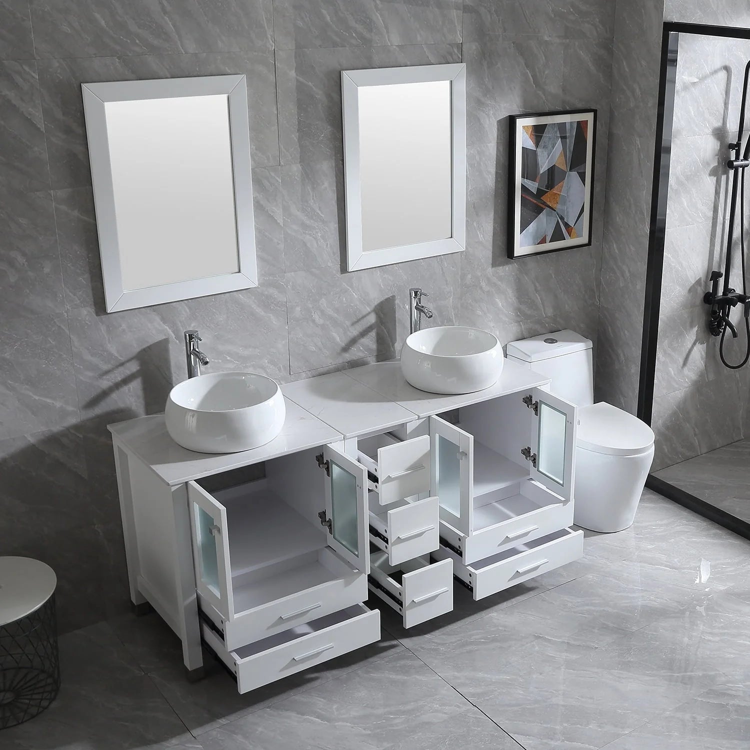 Wonline 60" Bathroom Vanity Wood Cabinet Double Ceramic Sink w/ Mirror White