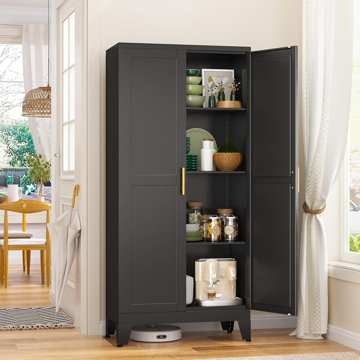 Modern Black Metal Storage Cabinet with Adjustable Feet - Freestanding Pantry Sideboard with 3 Shelves for Kitchen, Laundry, Bathroom, Living Room & Dining Area