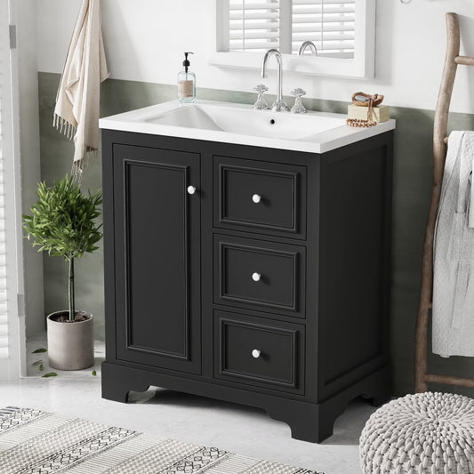 viswild 30" Bathroom Vanity with Ceramic Sink, Soft Close Drawers & Adjustable Shelf, Compact Freestanding Cabinet for Small Spaces, Black