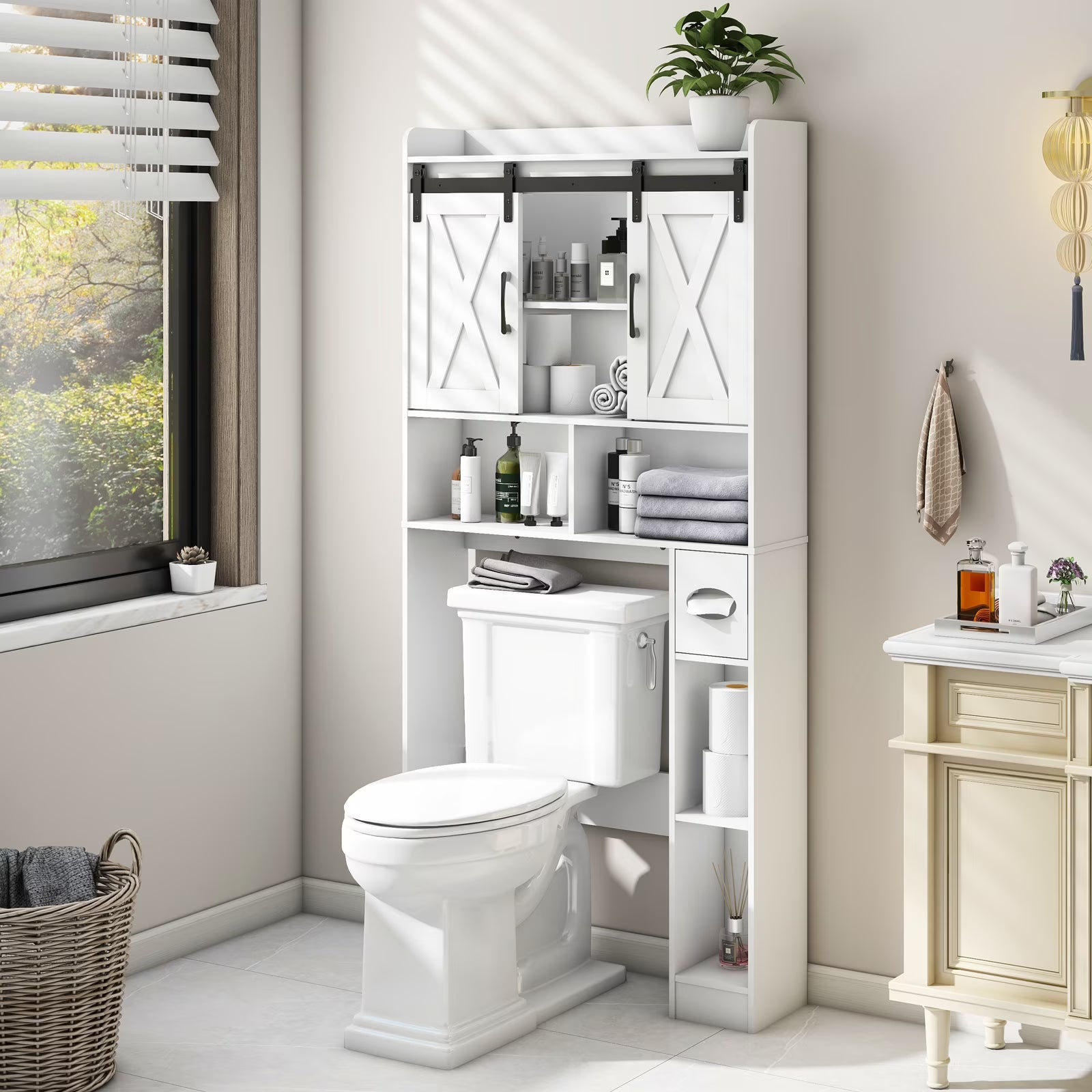 Over The Toilet Storage Cabinet, Farmhouse Storage Cabinet Over Toilet with Sliding Doors��Home Space-Saving Toilet Rack, for Bathroom, Restroom, Laundry
