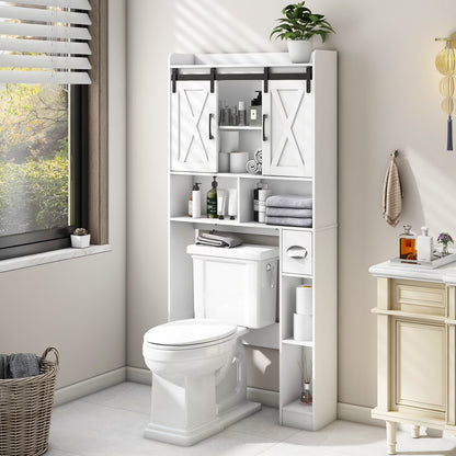 Over The Toilet Storage Cabinet, Farmhouse Storage Cabinet Over Toilet with Sliding Doors��Home Space-Saving Toilet Rack, for Bathroom, Restroom, Laundry