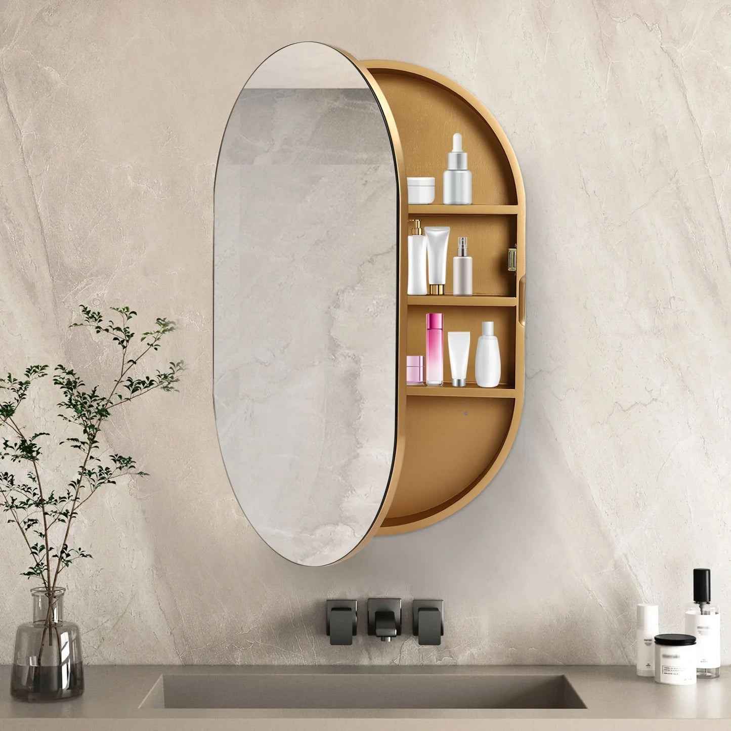 Gold Mirror Cabinet Oval Bathroom Wall-Mounted Mirror Cabinet Wood Storage Cabinet Mirror Surface W/Hide Shelves for Bathroom Toilet Balconies (19.76 * 30.82 * 4.05in)