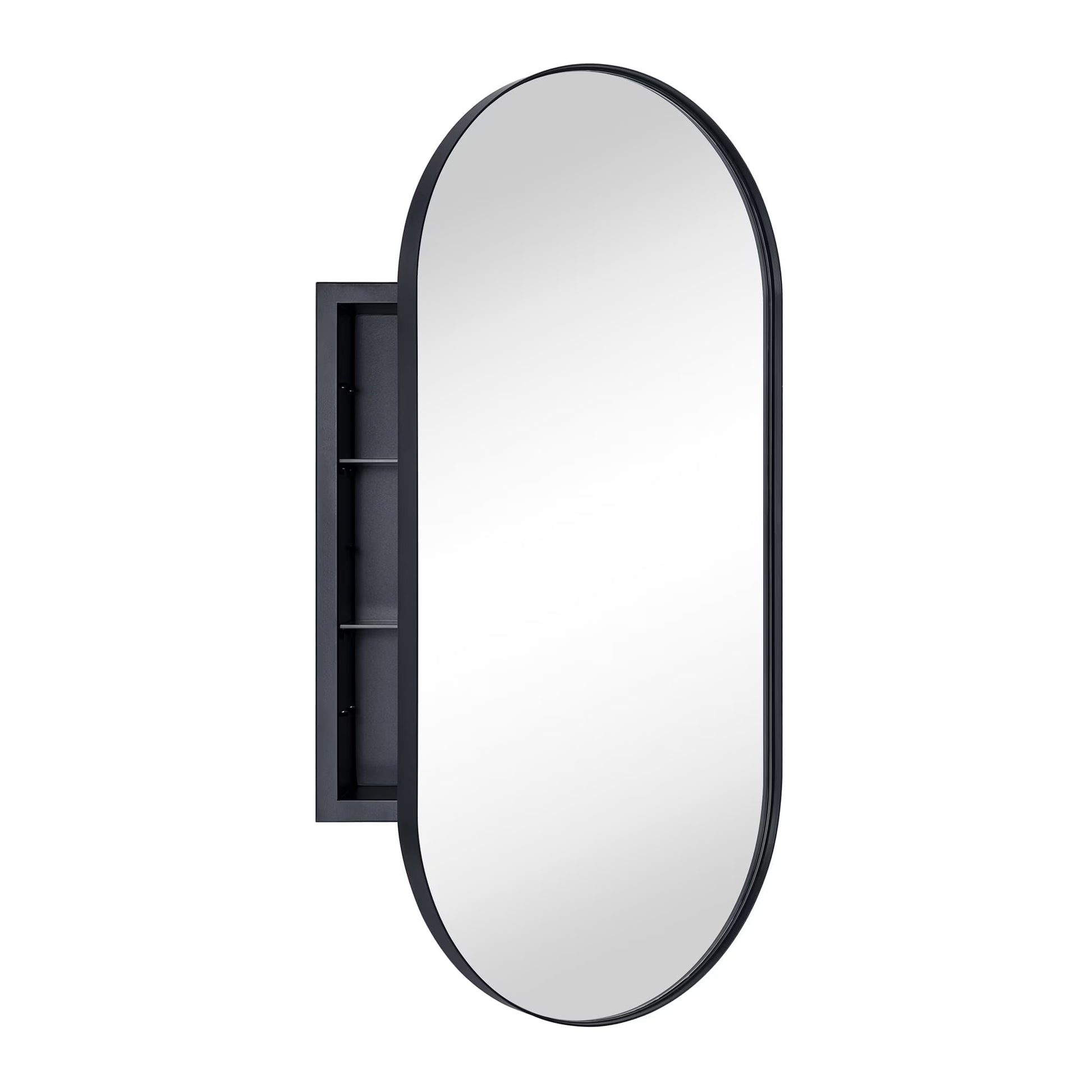 TEHOME Chrome Oval Recessed Bathroom Medicine Cabinet with Mirror Stainless Steel Metal Framed Oblong Pill Shaped Bathroom Cabinet with Mirror 16x33''