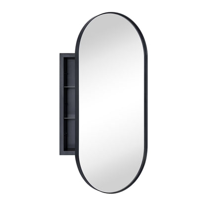 TEHOME Chrome Oval Recessed Bathroom Medicine Cabinet with Mirror Stainless Steel Metal Framed Oblong Pill Shaped Bathroom Cabinet with Mirror 16x33''