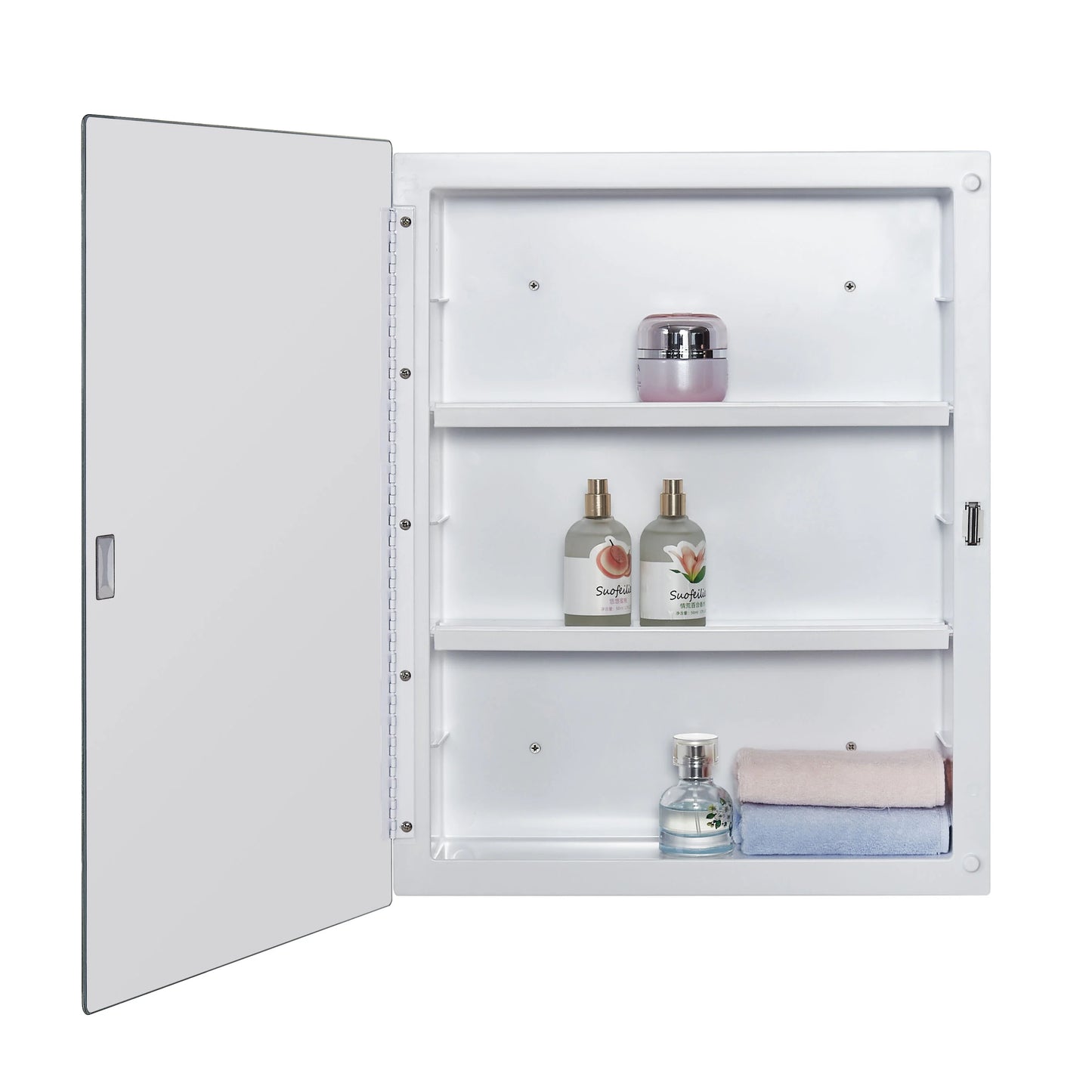 Black Plastic Bathroom Medicine Mirror Cabinet Beveled Edge, 16 x 20 inch, Surface and Recessed Mount