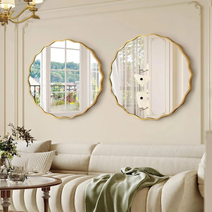 octopus Gold Round Wavy Mirror for Wall, 24"x24" Circle Scalloped Wall Mirror with Brushed Alloy Steel Frame&Shatter-Proof Glass, Hanging Decorative Mirror for Bathroom, Bedroom, Entryway
