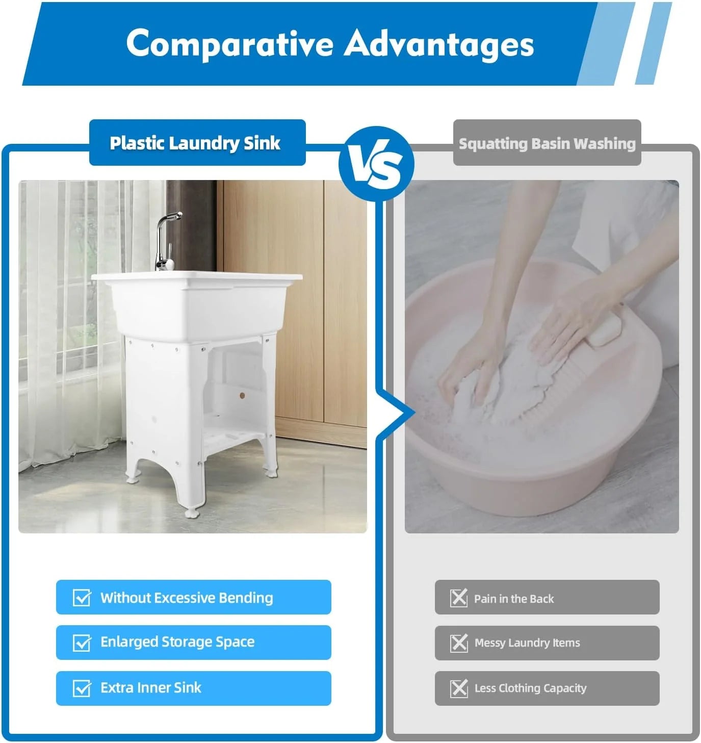 Utility Sink Laundry Tub,Freestanding Plastic Laundry Sink with Washboard, Slop Sink Garage Sink Portable Sink For Laundry Room, Garage, Bathroom, Kitchen (31.5in, White)