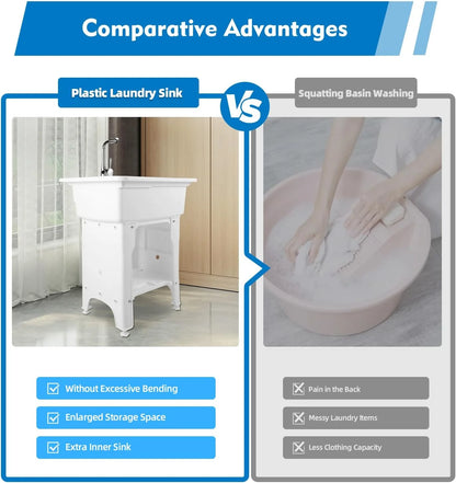 Utility Sink Laundry Tub,Freestanding Plastic Laundry Sink with Washboard, Slop Sink Garage Sink Portable Sink For Laundry Room, Garage, Bathroom, Kitchen (31.5in, White)