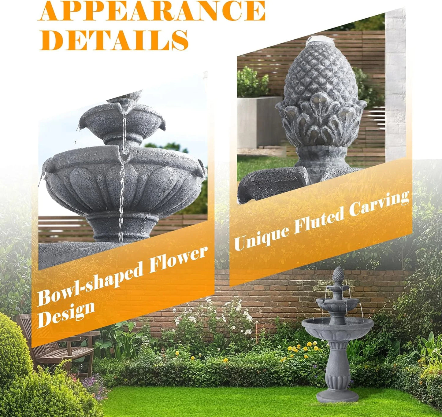 Haverchair 40.6" High Large Italian Outdoor Water Fountain, 3-Tier Standing Bubbler Waterfalls Fountain with Pineapple Top and Roman Pillar, Resin Garden Water Fountains for Bird Bath Patio Yard Deck